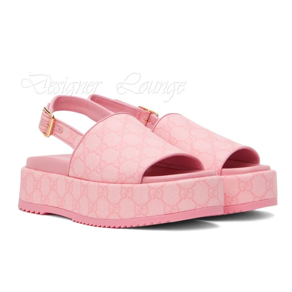 NEW GUCCI Angelina GG Pink Supreme Canvas Slingback Platform Sandals EU 39.5